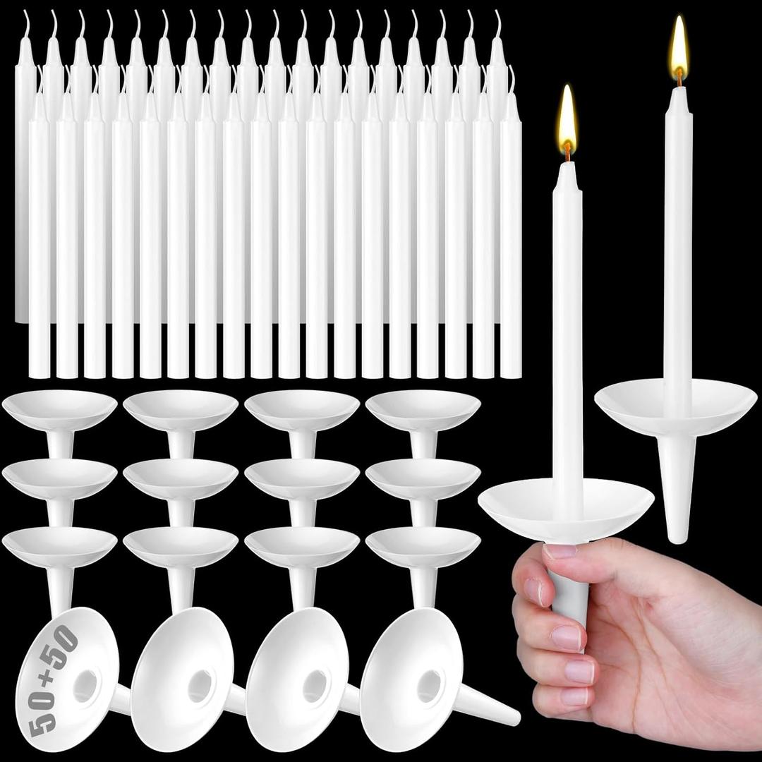 MTLEE 50 Sets Bulk White Church Vigil Candles with Plastic Candle Drip Protectors for Candle Service Christmas Easter Memorial Wedding Party Supplies