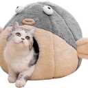 Cat Beds for Indoor Cats - Cat Bed Cave with Removable Washable Cushioned Pillow, Soft Plush Premium Cotton No Deformation Pet Bed, Lively Pufferfish cat House Design, Grey, Multiple Sizes (L 16.5'')
