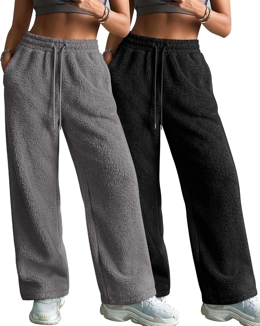 Velvelhall 2 Pack Women's Fleece Sweatpants Wide Leg Winter Thermal Pants Drawstring Waist with Pockets Fuzzy Lounge Pajamas(Black, Light Gray,X-Large)