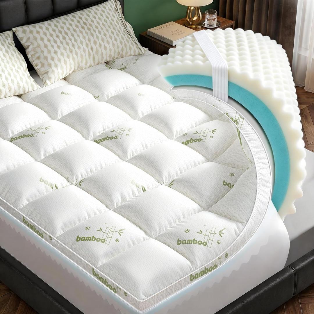 Twin XL Mattress Topper, Dual Layer 4.5" Memory Foam Mattress Topper with 2" 1250GSM Cooling Mattress Pad (Breathable Viscose Made from Bamboo) & 2.5" Gel Memory Foam. Deep Pocket Comfort Bed Topper.