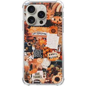 Autumn Collage Pumpkin Witch Halloween Case for iPhone 16 Pro Max, Retro Aesthetic TPU Bumper Cover
