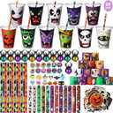 Tioncy 218 Pcs Halloween Party Favors Halloween Stationery Set Gifts Bulk with Cups Halloween Bag Fillers for Halloween Party Prizes Party Supplies