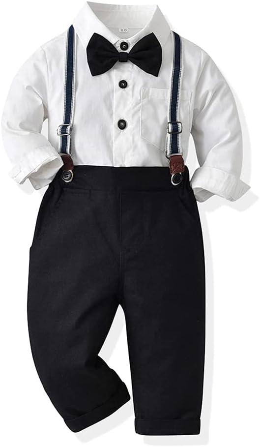 IDOPIP Toddler Kids Baby Boys 1st Christmas Outfit Gentleman Striped Shirt with Bowtie +Long Suspender Pants Overalls Clothes, Size 110