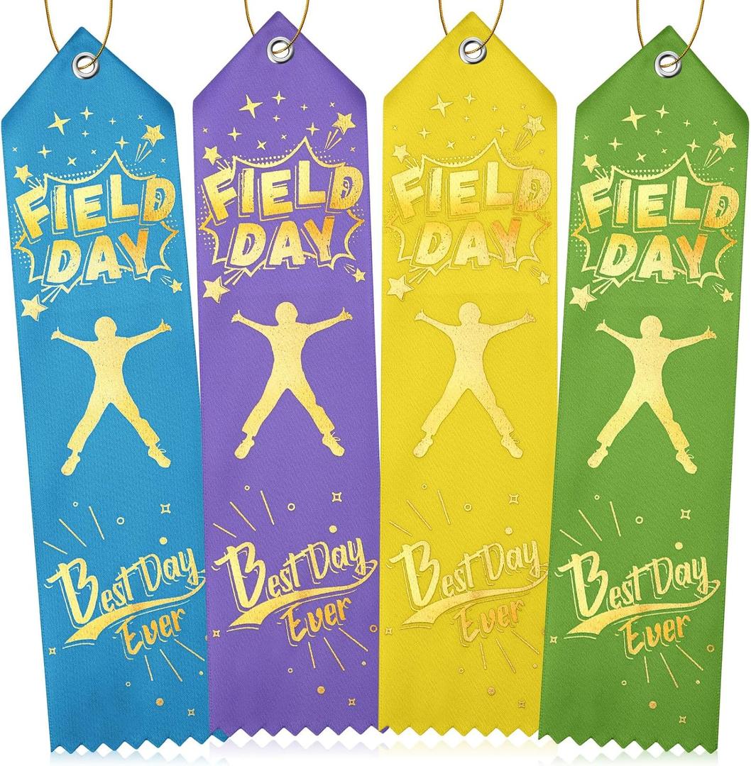 Berlune 100 Pcs Field Day Ribbons Bulk Best Day Ever Award Ribbon Participation Ribbon Honorable Mention Prize Ribbons with Event Card and Rope for Competition Sports Event Contest