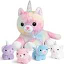 KMUYSL Toys for Ages 0 1 2 3 4 5 6 7 8+ Years  Plush Mommy Stuffed Animal with 4 Babies in Her Tummy, Soft Plush Toys Set, Christmas Birthday Gifts for Girls Boys, Toddler, Kids (Unicorn Cat Toys)
