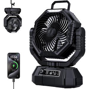 AJVV Campin Fan Dual Motor Rotation High Wind Black | Portable Fans Rechargeable with LED Light, 20000mAh, Remote Control, 13 Speeds for Indoor, Outdoor, Home, Tent, Fishing, Camping