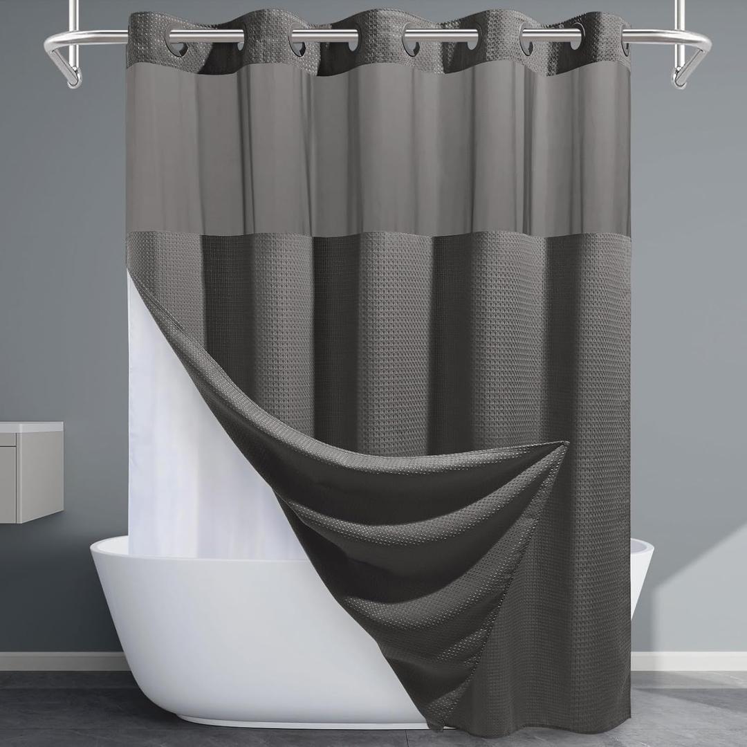 EUTXL Charcoal Grey No Hook Shower Curtain with Snap in Liner,230GSM Waffle Weave Shower Curtains for Bathroom,71W x 74H