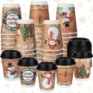 Umigy 100 Pack 12oz Christmas Hot Cocoa Cups Christmas Paper Cups with Lids Holiday Hot Chocolate Disposable Cup for Coffee Tea Beverage Xmas Party Favor(Snowmen)