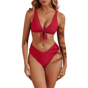 Womens Push Up Bikini Set Sexy V Neck Tie Kont Two Piece Swimsuit Cheeky V Cut High Waisted Bathing Suit 2026 Swimwear Red XL
