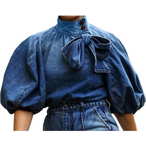Tbahhir Women's Denim Blouse Blue Bow Tie Jean Shirt Puff Sleeves Mock Neck Cropped Top Casual XL