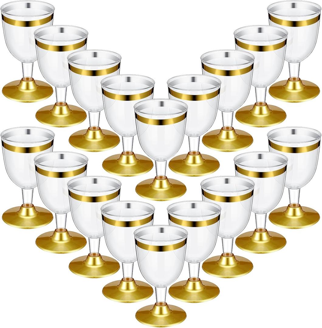Didaey 48 Pcs Disposable Plastic Wine Glasses 6 oz Party Wine Cups Hard Plastic Drinking Glasses with Stem Stackable Stemmed Goblets for Champagne Dessert Wedding Home Toasting(Gold Rim)