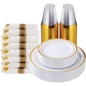 Goodluck 175 Piece Gold Plastic Dinnerware Set for 25 Guests, Fancy Disposable Plates for Party, Include: 25 Dinner Plates, 25 Dessert Plates, 25 Pre Rolled Napkins with Gold Silverware, 25 Cups