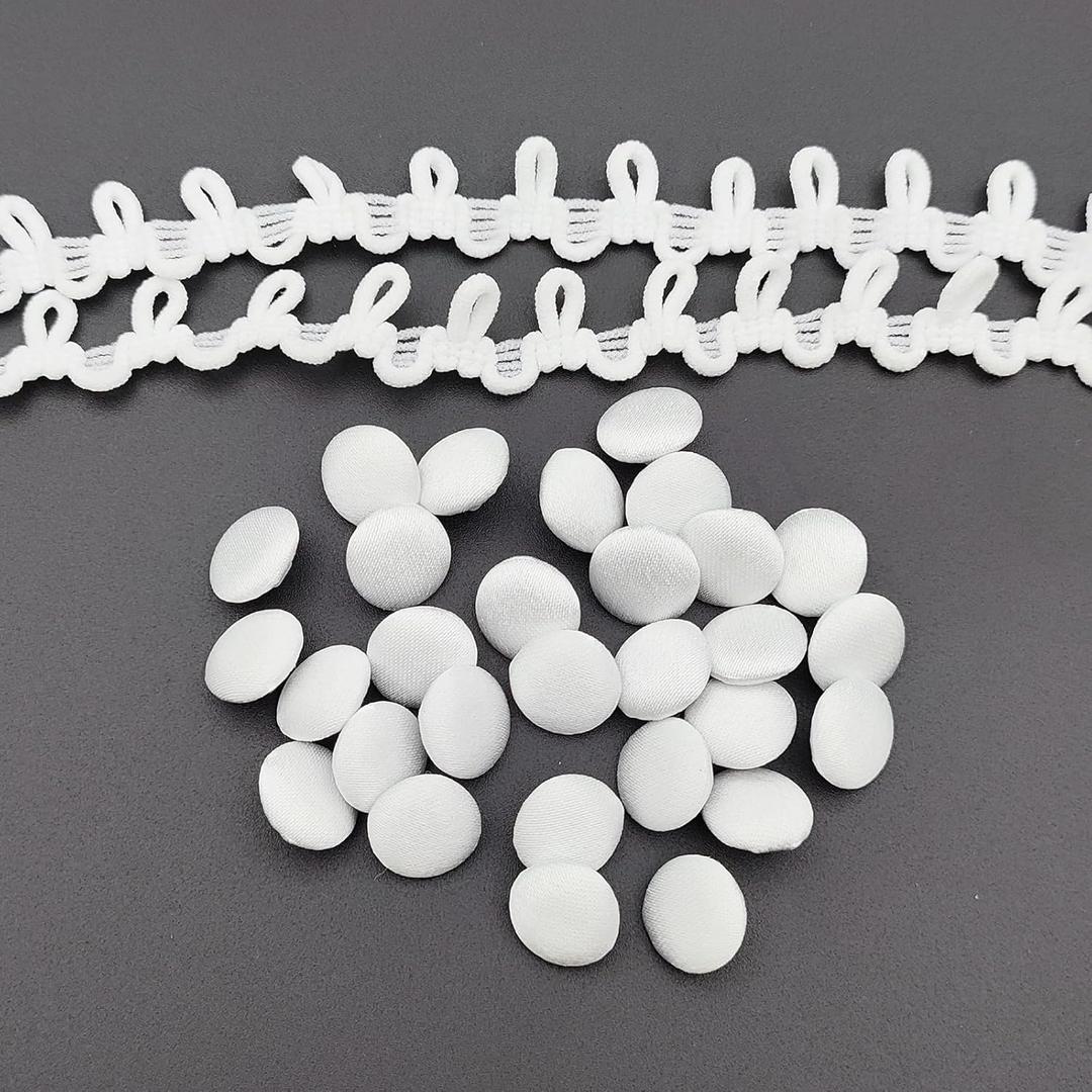 30PC Set 1/2 Inch White Satin Fabric Cloth Buttons with Shank and Buttonhole for Wedding Bridal Dress and DIY Sewing Clothing Dress Handmade Craft