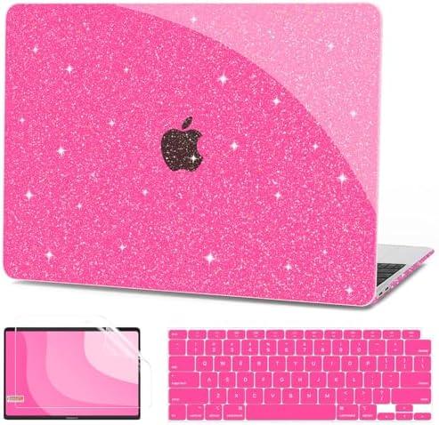 G JGOO Compatible with MacBook Air 13 inch Case 2022 2021 2020 2019 2018 Release M1 A2337 A2179 A1932 Touch ID, Glitter Plastic Hard Shell Case + Keyboard Cover + Screen Protector, Sparkly Hot Pink
