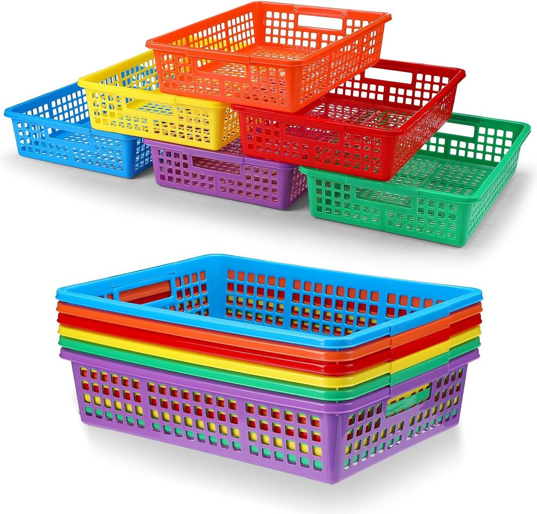 Ripeng 24 Pcs Bulk Plastic Baskets Classroom Storage Baskets with Handles Colorful Neon Storage Bins Teacher Stackable Desktop Organizer Tray for Classroom Kids Room Home Drawer, 13.6" x 10" x 3"