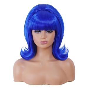 Rugelyss Short Wavy Blue Wig with Bang Retro Bouffant Beehive Wigs fits 70s 80s Costume or Halloween Party