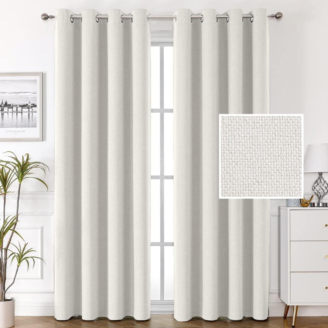 H.VERSAILTEX 100% Blackout Linen Curtains Thermal Curtains for Living Room Textured Burlap Curtains with Double Face Linen Grommet Soundproof Bedroom Curtains 52 x 84 Inch, 2 Panels  Heather White