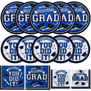 Graduation Party Supplies Dinnerware Set blue Disposable dinner paper plates dessert paper plates and Napkins for Congrats Grad Party Decorations, Serve 50
