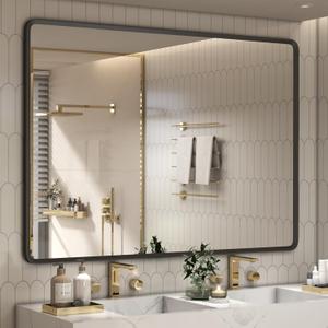 55x40 Inch Black Matte Framed Mirror for Bathroom, Rounded Rectangle Mirror, Bathroom Vanity Mirror for Wall, Anti-Rust, Shatterproof (Horizontal/Vertical)