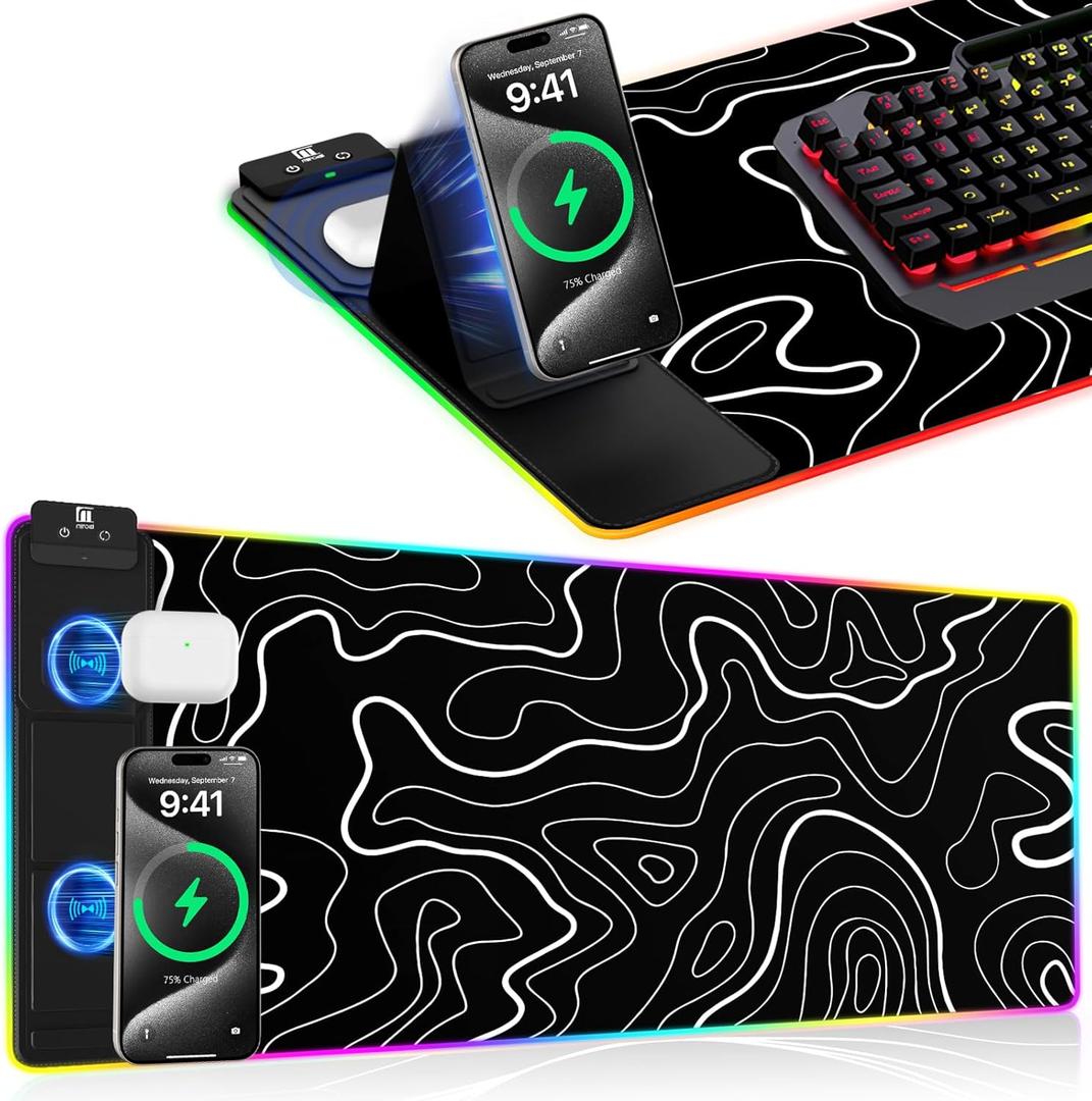 XXL Mouse Pad with Phone Holder, RGB Desk Mat with 15W Fast Charging, LED Large Gaming Mouse Pad with 11 Lights Colors, Long Mouse Pads for Desk, Waterproof Non-Slip Gaming Pad for Gamer Esports Pros (Black with Topographic Print)