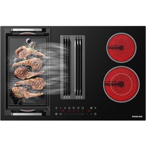 GASLAND Electric Downdraft Cooktop 31.5 Inch(80cm), 4 Burners Glass Radiant Stovetop 220V, 3-speed Max. 330 CFM Downdraft Exhaust
