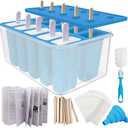 Homemade Popsicle Molds, 10-Cav Non-BPA Silicone Ice Pop Maker, with 50 Sticks, 50 Bags, 10 Reusable Sticks, Funnel, Brush and Ice Pop Recipe (Blue+Bin)