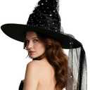 Halloween Black Witch Hats for Women Adult - Halloween Adult Witches Hat Costume Accessories for Women, Sparkly Best Fancy Witch Hat With Veil for Girl Woman Celestial Sequin Witches Hats (Black)