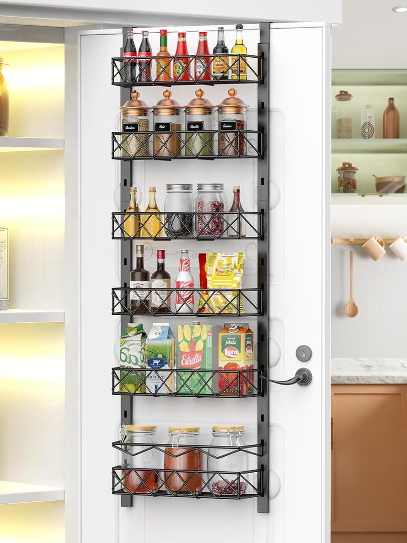 6-Tier Over the Door Pantry Organizer, Pantry Organizers and Storage, 6+1 Metal Hanging Wall Mount Spice Rack for Kitchen Behind the Door Storage Organizer with Adjustable Basket (Black)