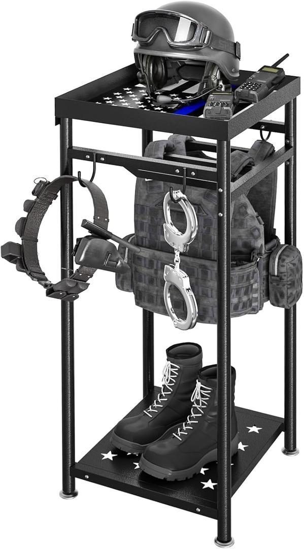 Police Gear Stand, Tactical Police Hanger with Hooks, Freestanding Police Gear Rack for Gun Storage, Body Armor Stand for Storing Uniform, Duty Belt and Vest Hanger, Police Gift, Black