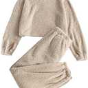 ZAFUL Women's Fuzzy Lounge Casual Pajamas Sets Long Sleeve Fleece Pullover and Pants Set 2 Piece Fluffy Loungewear Sleepwear S