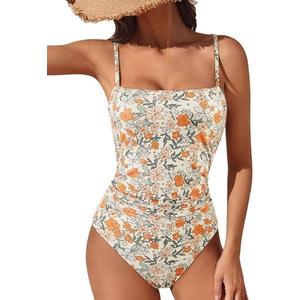 SUUKSESS Women Sexy Tummy Control One Piece Swimsuits Square Neck Criss Cross Cutout Back Monokini Bathing Suits(Yellow Floral, S)