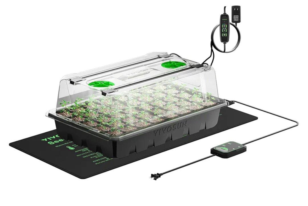 VIVOSUN 1Pack 40Cell Seed Starter Trays with 1 Set of LED Lights and 10"x20.75" Seedling Heat Mat, 3.6" Higher Cover, Adjustable Vents, Drainage Holes, Green Propagation Tray for Planting Seeds