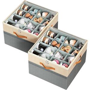 Shoe Organizer for Closet, 2 Pack Foldable Shoe Storage Organizer Box Bin with Adjustable Dividers and Clear Cover, Fits up to 16-32 PairsGrey&Beige