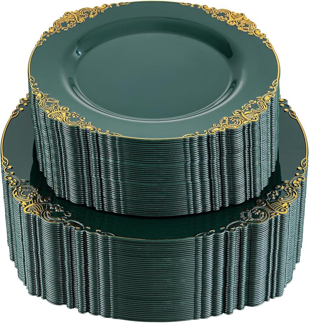 102PCS Green and Gold Plates - Green Plastic Plate - Fancy Heavy Duty Disposable Plates - Heavyweight Disposable Dinner & Dessert Plate for 51 Guests for Party & Wedding