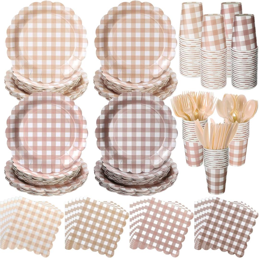 Yaomiao 168 Pcs Gingham Plates and Napkins Beige Plaid Disposable Dinnerware Sets Brown Gingham Plates Cups Napkin Knife Fork Spoon Serve 25 Guests for Wedding Baby Shower Birthday Party Supplies