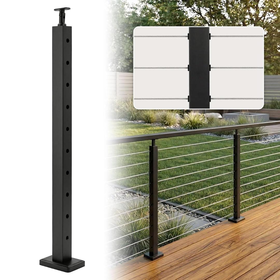 Sidasu 36IN Level Drilled Cable Railing Post,Stainless Steel Anti-Corrosion | Horizontal Drilled Deck Cable Railing Post for Deck & Stair Railing System, Matte Black Finish