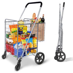 Whitmor Utility Folding Shopping Cart, 115L Heavy Duty Grocery Cart with Double Basket, 360 Swivel Wheels, Foldable Rolling Utility Trolley, 110 Lbs Capacity for Grocery, Laundry, Travel, Sliver