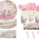 BLUE PANDA 144 Piece Vintage Style Tea Party Supplies, Includes Disposable Floral Paper Plates, Napkins, Cups, & Cutlery, For Baby Showers, Weddings & More, Serves 24