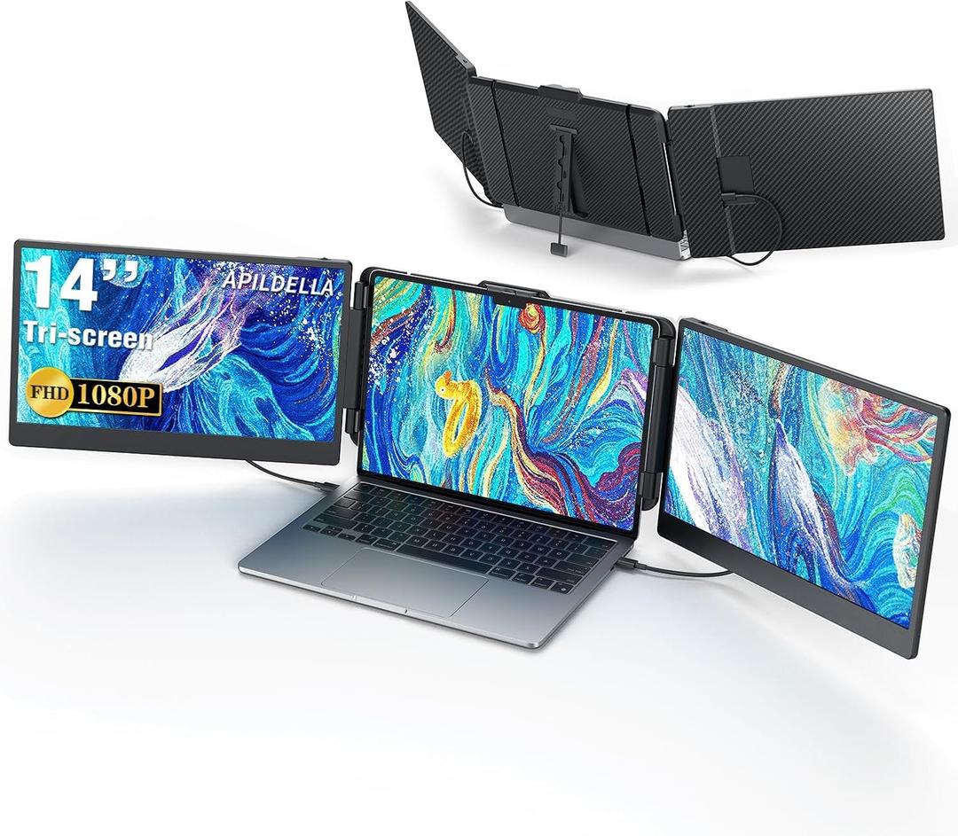 14" Triple Laptop Screen Extender, 1080P FHD for Laptops, USB C, HDMI, Monitor Extender Plug-Play Triple Display for Mac/Windows