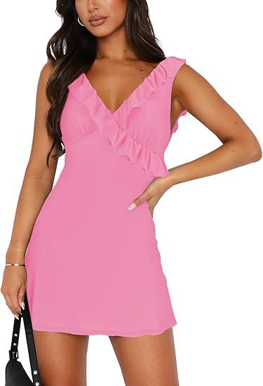 Women's Sexy V Neck Sleeveless Backless Ruffles Dress for Women Elegant Mesh Party Fitted Cocktail Mini Dresses, M, Pink