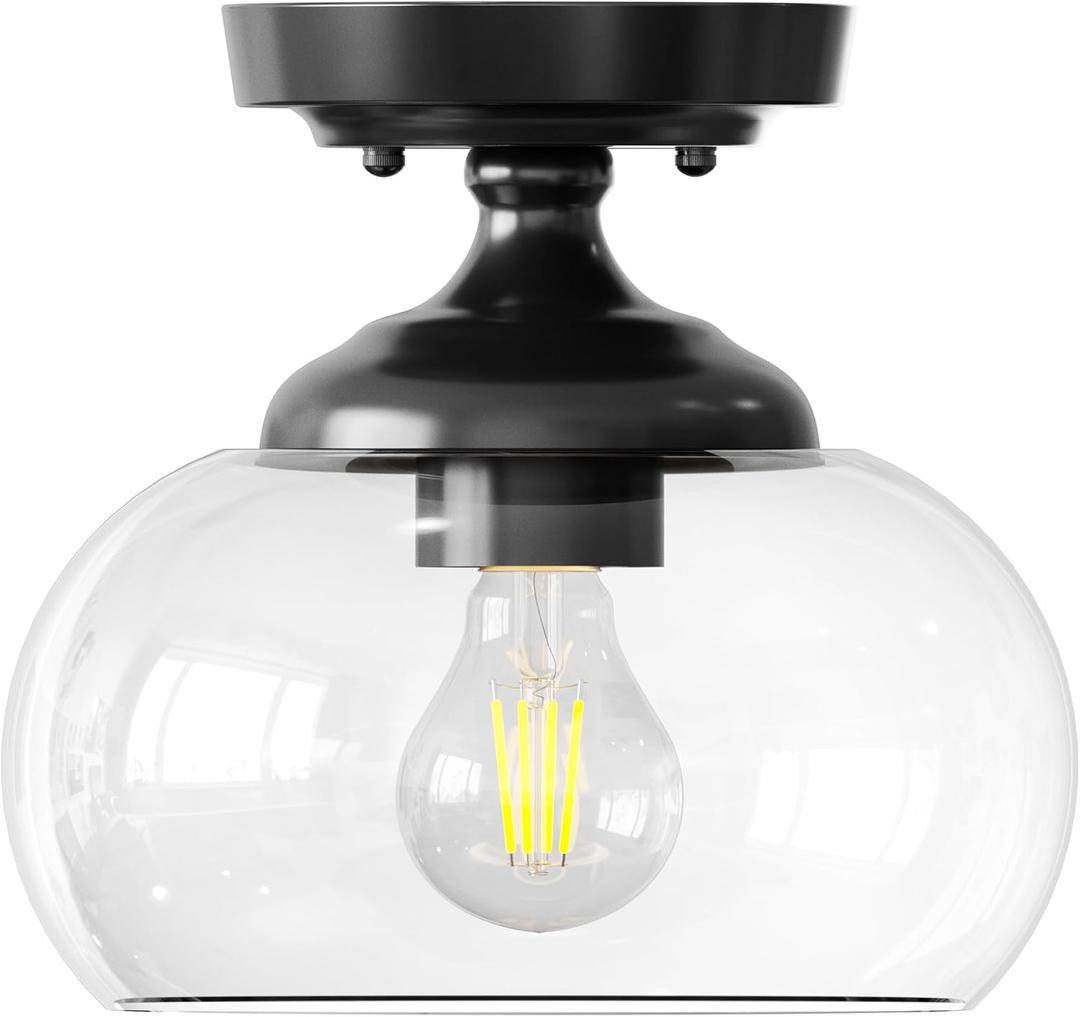 VONLUCE Industrial Semi Flush Mount Ceiling Light, 8.3" Ceiling Light Fixture with Clear Glass Shade, Farmhouse Lighting for Hallway Kitchen Bedroom Entryway, Matte Black Flush Mount Light Fixture