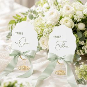 Sabary 20 Sets Green Wedding Table Numbers 1-20 with Gold Stands & Mint Green Satin Ribbons 4" x 5" Place Cards Reserved Table Signs for Wedding Reception Bridal Baby Shower Birthday Party