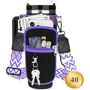 Water Bottle Carrier Bag with Canvas Shoulder Strap for Stanley 40 oz Tumbler with Handle, Water Bottle Holder Pouch with 6.7'' Phone Pocket for Stanley Cup Accessories, Birthday Gifts for Men Women