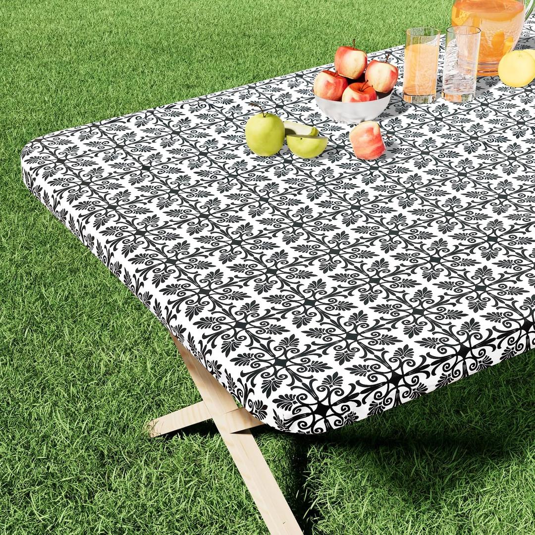misaya Rectangle Vinyl Table Cloth, Elastic Fitted Flannel Backed Tablecloth, Waterproof Plastic Table Cover Fits 4 Foot Folding Tables for Picnic, Camping, Outdoor (Black, 24" x 48")