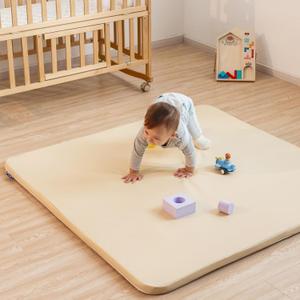 Vegan Leather Baby Play Mat for Floor, 50x50 Thick Foam Soft Padded Playpen Mat with Wipe-Clean and Waterproof Removable Cover for Babies and Toddlers Infants, Beige
