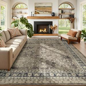 Lessymo Washable Area Rugs for Living Room, 9x12 Brown Non Slip Large Rug, Soft Low Pile Carpet for Bedroom Dining Office Farmhouse, Vintage Distressed Floral Floor Decor