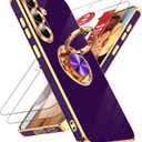 LeYi for Galaxy S25-FE Case: [   ] 2 Pack Tempered Glass Screen Protector and 360 Rotatable Ring Holder Magnetic Kickstand, Plating Rose Gold Edge for S25FE S 25 FE, Deep Purple