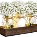 BLEUM CADE Centerpiece Table Decorations - Mason Jar Lights Centerpiece for Kitchen Dining Table Farmhouse Coffee Table Wedding Home Decor with 3 Jars Babys Breath Artificial Flowers & Wood Tray