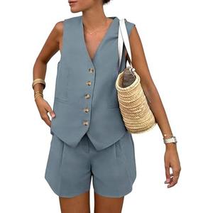 PRETTYGARDEN Women's Summer 2 Piece Outfits Sleeveless Matching Sets Button Down V Neck Vest Waistcoat and Pockets Shorts XS
