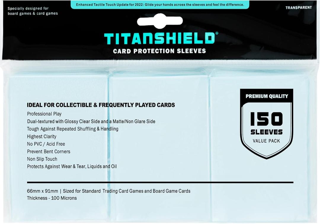 TitanShield Premium Clear Card Sleeves Compatible with Standard Sized Board Games, MTG Magic The Gathering, Pokemon, Lorcana and Trading Cards 2.5" x 3.5" 66x91mm (150 Sleeves) (Single Pack)